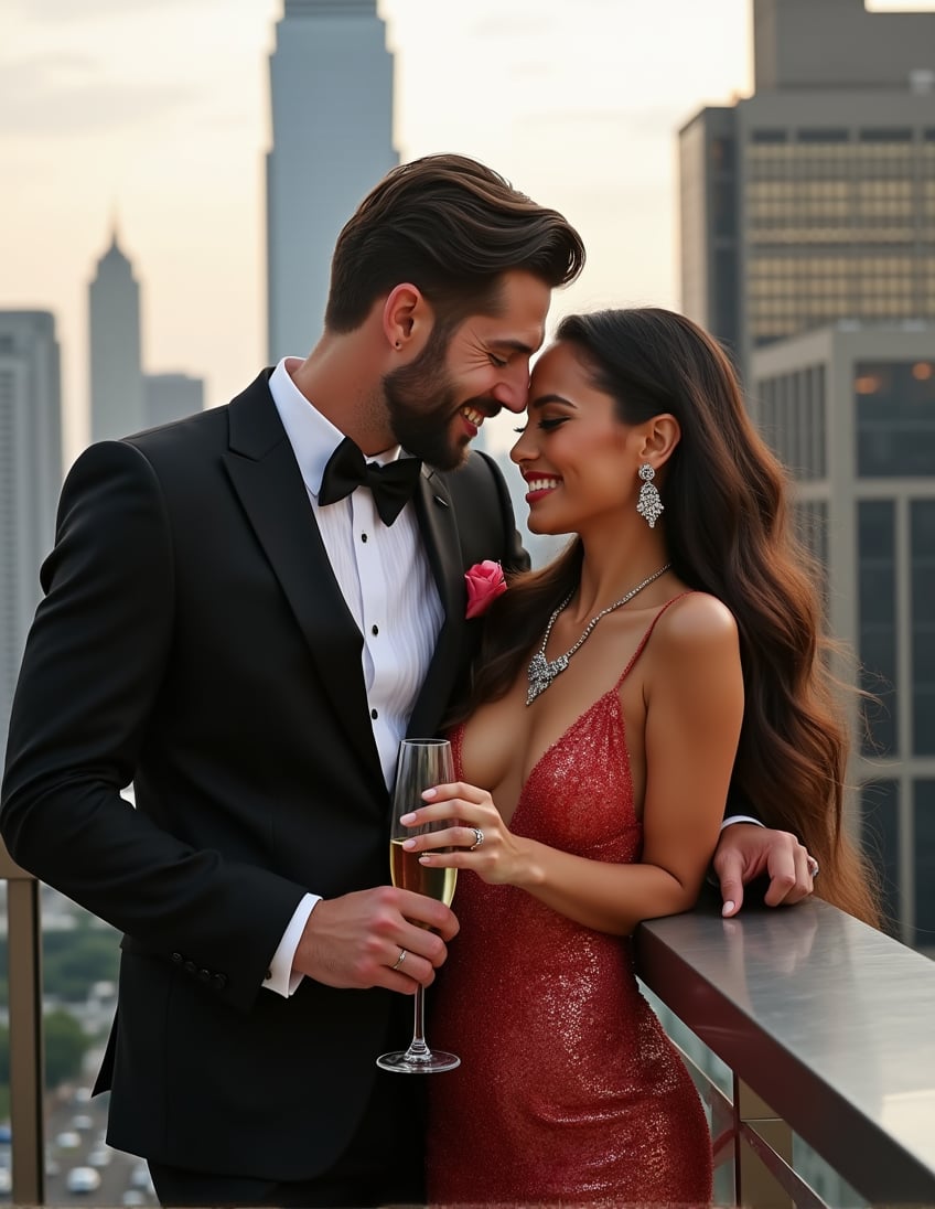 A majestic couple, radiant with elegance and passion, pose on the 20th floor rooftop overlooking luxurious high-rise buildings. He leans against the railing, pulling his dashing date close to his chest. She cradles a wine glass in one hand and gently rests her other hand on his shoulder. The beaming smiles of this loving couple captivate the paparazzi as they bask in the opulence of the upscale event, their refined jewelry and hairstyles shining like diamonds against the city's glittering skyline.