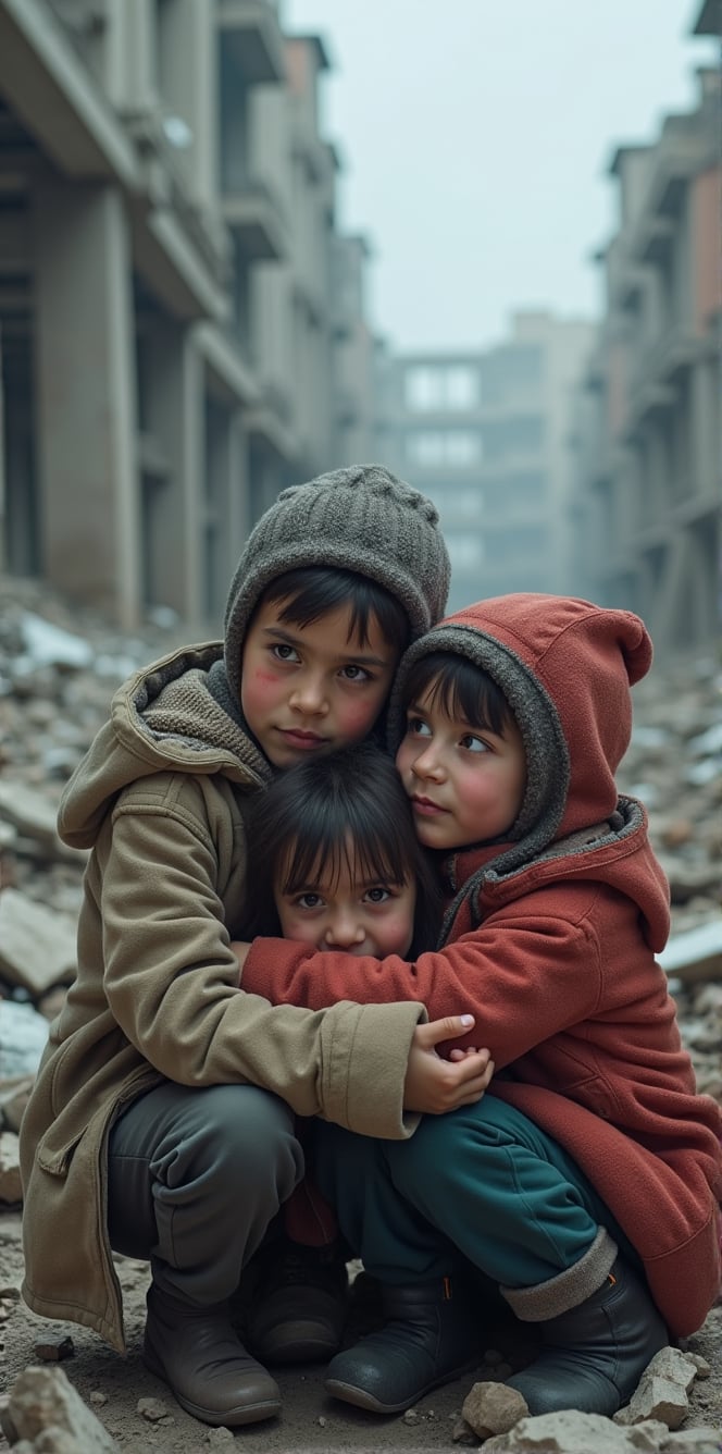 Children huddled in the ruins of a war-torn city, their tear-stained eyes reflecting the despair and desperation of a world at war. The skeletal frames of buildings loom behind them, a haunting backdrop for their fragile bodies. Cramped together for warmth, they clutch each other tightly, their meager clothes no match for the bitter cold of a winter without hope.