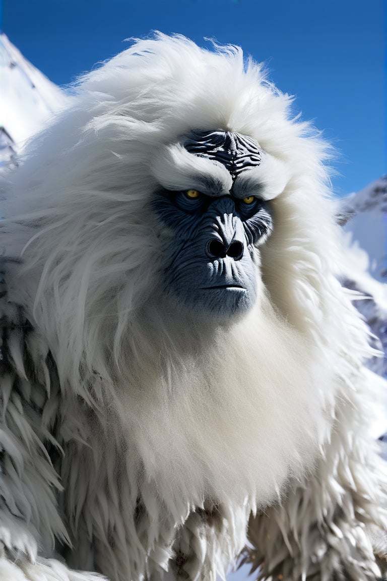 Huge white hairy humanoid yeti, a man-like monkey living in the snowy mountains, it is snowing, strong wind, Everest, long hair, detailed photo, high detail