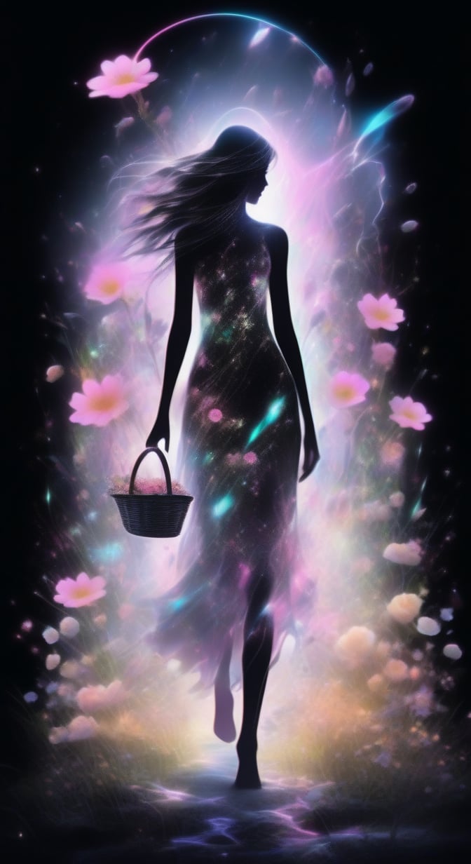 Black fantasy+laser lightning +glitter graphics+opal placer+laser splashes+white neon.A girl walks barefoot through a summer meadow with a basket of flowers. in the style of Hans Rudy Giger