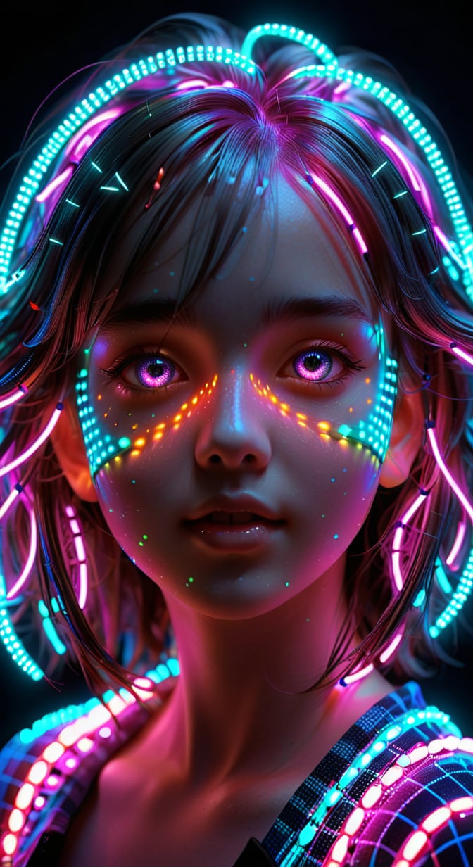 the girl's face and hair consist of [neon] LED lights, dots, grid, lots of light, digital art, glow, high detail, 3d, sharpness, sharpen, 8k