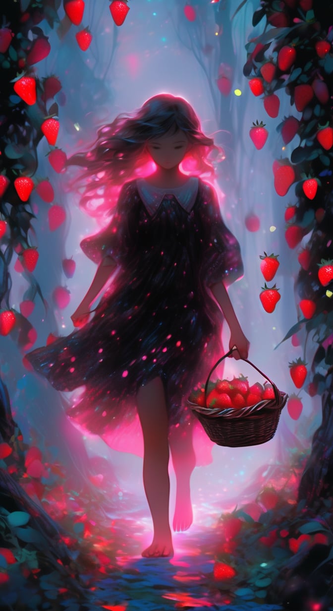 Black fantasy+glitter graphics+opal scattering+white neon. a beautiful girl walks barefoot through a clearing and collects strawberries in a basket. Kilian effect.