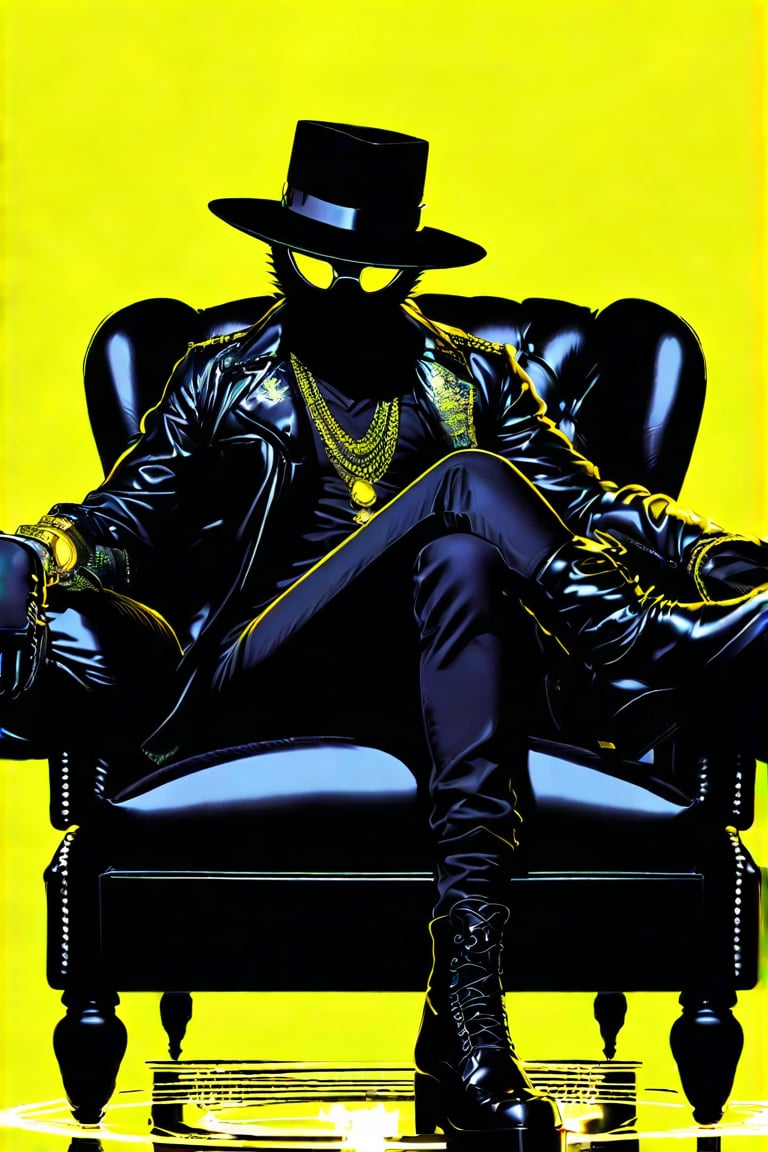 A cool black cat (male) in a hat and boots sits in a luxurious leather chair. Neon lemon+black background. Side view.
naiv + grunge comics+dark fantasy+laser lightning +glitter graphics+opal placer+laser splashes+white neon.