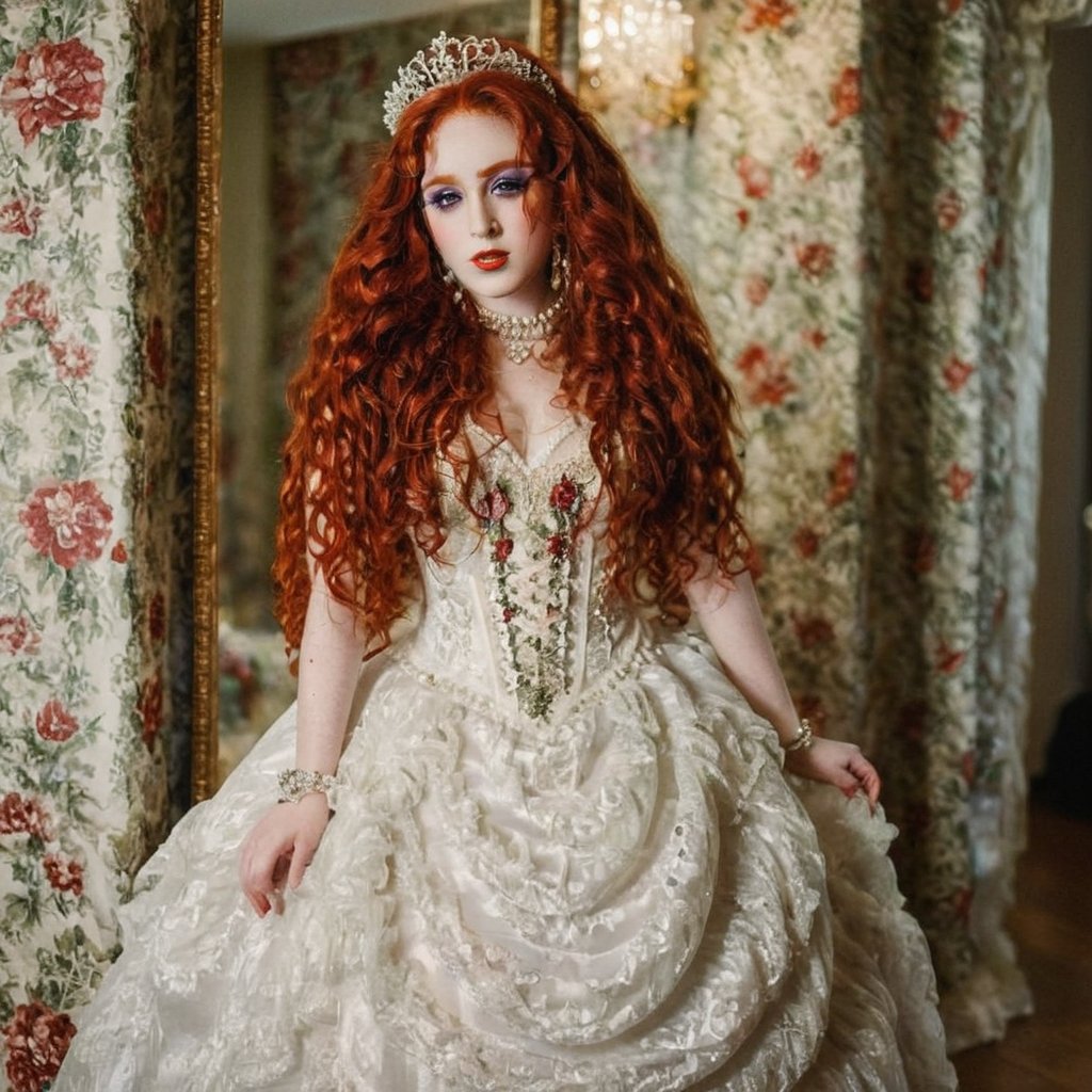 1girl, long curly red hair, blue eyes, pale skin,make up, strong makeup, creative make up, crazy make up, rosy cheeks, long lashes, shiny hair, creative costume, creative outfit, full_body, jewelry, high quality 18K, Hyperrealism, Realistic vision, high eyes quality, high face quality, high resolution,Long curly red hair, green eyes, 1girl, long curly red hair, green eyes, pale skin,make up, strong makeup, creative make up, crazy make up, rosy cheeks, long lashes, shiny hair, creative costume, creative outfit, full_body, jewelry, high quality 18K, Hyperrealism, Realistic vision, high eyes quality, glitter, very pale, pure white face makeup base,Green eyes,Long curly red hair, slightly chubby cheeks, sharp jaw, huge victorian style poofy hair, victorian floral white detailed poofy dress with corset, huge hair, sparkly tiara, white dress, full body, big hair poof, victorian hair, white dress, barbie dress, white dress, vintage floral design on the corset, WHITE DRESS, WHITE CORSET with floran design on the front, purple eyeshadow, full body,Long curly red hair, pure white corset, background is victorian floral wallpaper pattern 