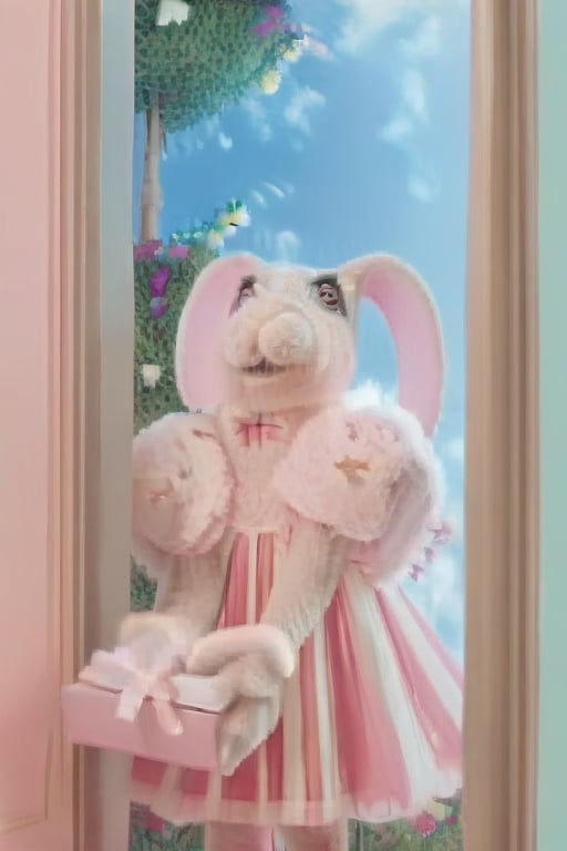 bunny mascot plush, with red and white striped dress with pink fuzzy sleeves, in a flower garden, full_body, plush, tall, proportionate, 8k, infront of a round pink and white striped bakery with a pink door and teal cone shaped roof, cute mascot, facing camera, holding pink present with light pink bow,Bunny Mascot