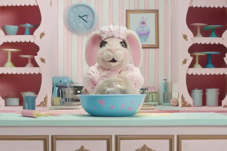 A woman with a bunny head who is inside a bakery cooking, fluffy white skin, full body, full body in view, fluffy pastel pink dress with white stripes on the skirt, small pink chef hat on her head, fluffy white fur, the bakery, bunny, furry, The Bakery Music Video, no shoes, paws, cyan eyes, hands on rolling pin, hands down