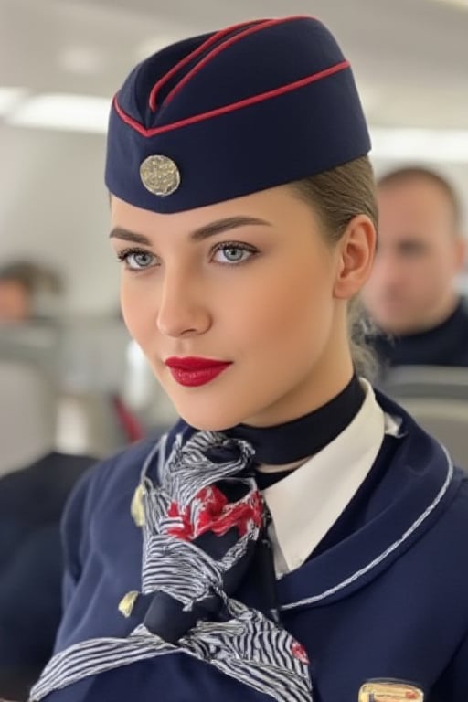 Airplane,Beautiful russian stewardess, Stewardess uniform,Red lips, photo, realistic, stewardess cap