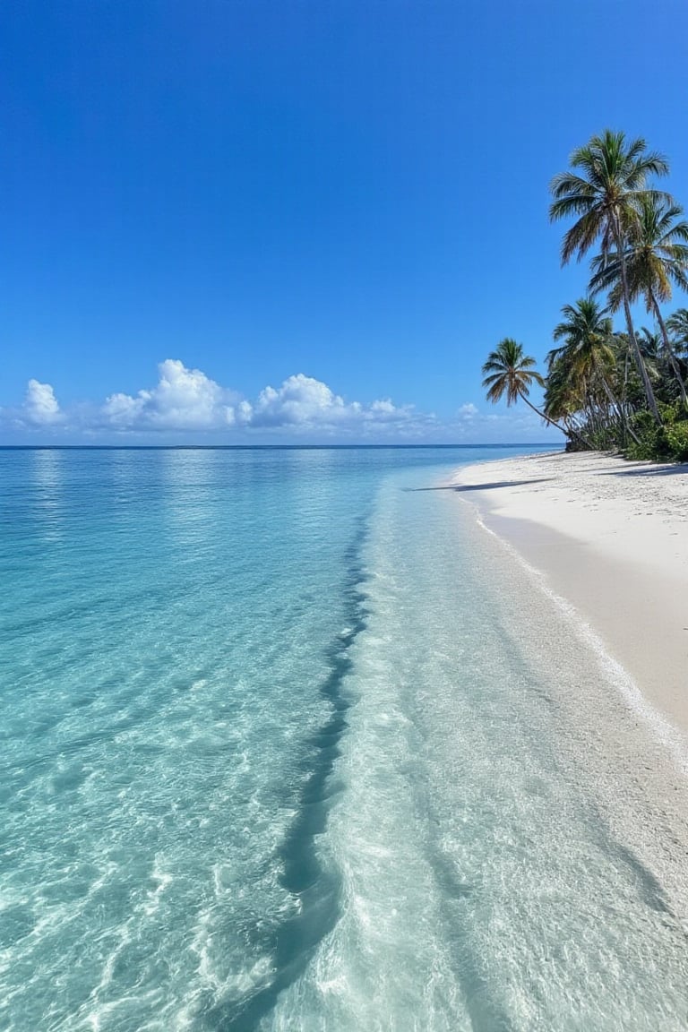 Tropical beach,Sand,Palm trees,Blue Skye,Clouds,No humans, realistic