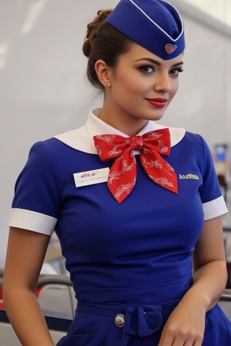 Airplane,Beautiful russian stewardess, Blue and red Stewardess uniform,Red lips, photo, realistic, stewardess cap, stewardess bow tie, stewardess skirt, name tag "Anastasia"