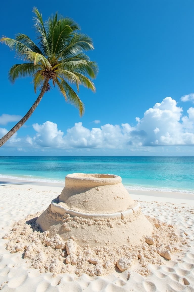 Tropical beach,Sand,Ocean,Blue Skye,Clouds,No humans, big sand castle, photo, realistic,Palm tree