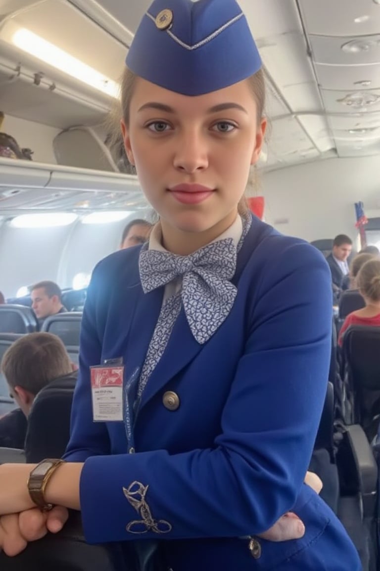 Airplane,Beautiful russian stewardess, Blue Stewardess uniform,Red lips, photo, realistic, stewardess cap, stewardess bow tie, stewardess skirt