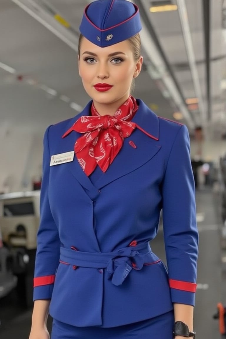 Airplane,Beautiful russian stewardess, Blue and red Stewardess uniform,Red lips, photo, realistic, stewardess cap, stewardess bow tie, stewardess skirt, name tag "Anastasia"