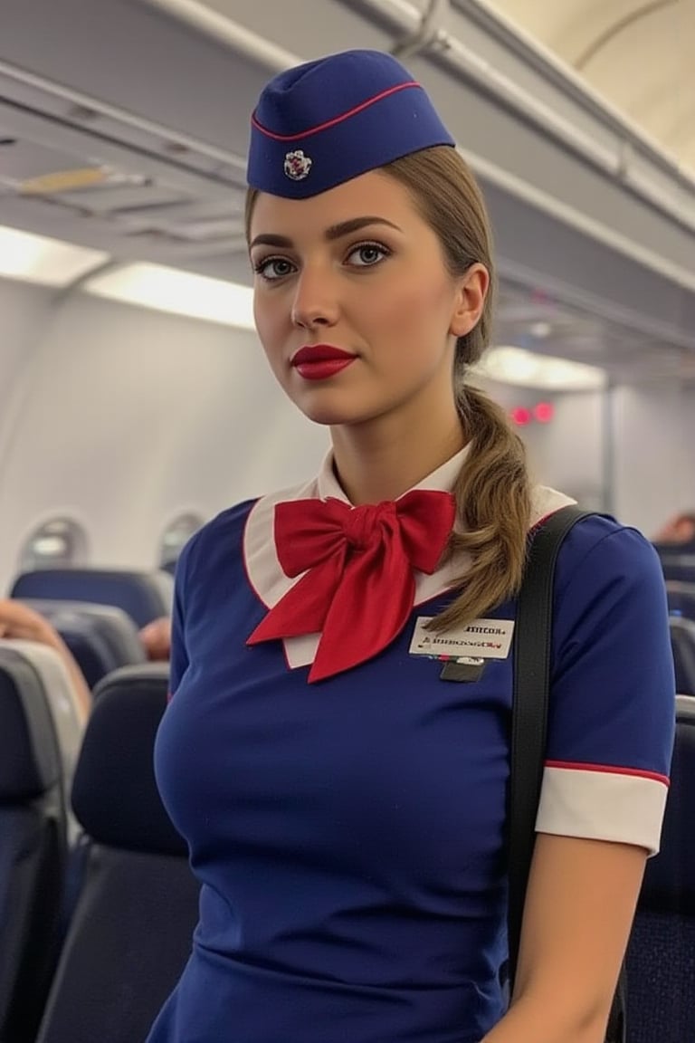 Airplane,Beautiful russian stewardess, Blue and red Stewardess uniform,Red lips, photo, realistic, stewardess cap, stewardess bow tie, stewardess skirt, name tag "Anastasia"