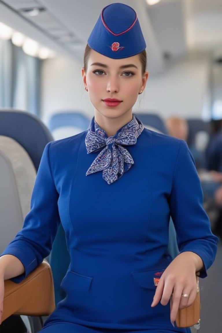 Airplane,Beautiful russian stewardess, Blue Stewardess uniform,Red lips, photo, realistic, stewardess cap, stewardess bow tie, stewardess skirt