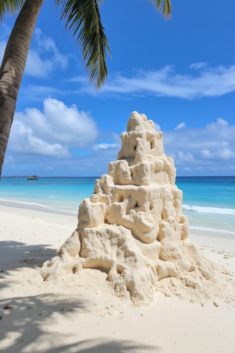 Tropical beach,Sand,Ocean,Blue Skye,Clouds,No humans, big sand castle, photo, realistic,Palm tree