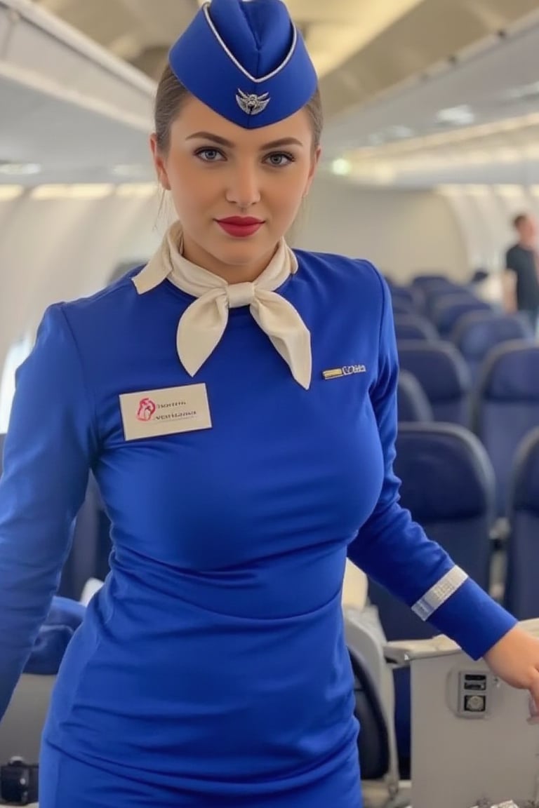 Airplane,Beautiful russian stewardess, Blue Stewardess uniform,Red lips, photo, realistic, stewardess cap, stewardess bow tie, stewardess skirt, name tag "Anastasia"