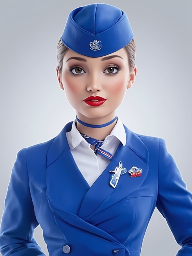 Cartoon,Airplane,Beautiful russian stewardess,Stewardess uniform,Red lips, blue stewardess uniform, blue stewardess cap, 3d model of stewardess