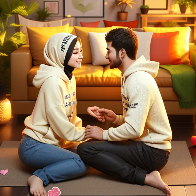 A captivating 3D render of a portrait photography featuring Dilla and Agung, an adorable Asian-faced couple. Dilla wears a cream hoodie with Dilla text and a hijab, gazing lovingly at Agung in a black t-shirt with Agung text. They sit cross-legged in a cozy, warmly lit living room adorned with heart-shaped items, plants, and framed artwork, exuding romance and a connection with nature. The composition highlights their intimate moment against a backdrop of their shared space, setting the stage for their thrilling adventure.