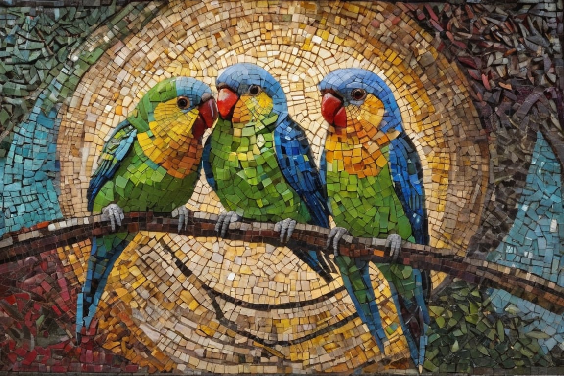 Photographic mosaic of lovebirds meeting parakeets on the street corner looking for their food, dark palette, high resolution and contrast and color contrast, intricate textures and very fine details, detailmaster2, side lights, epic look, great artwork, more details XL 