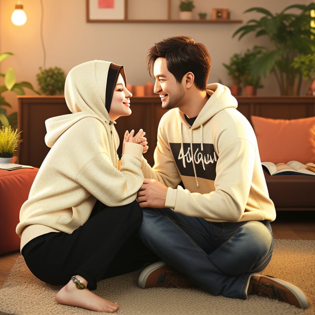 A captivating 3D render of a portrait photography featuring Dilla and Agung, an adorable Asian-faced couple. Dilla wears a cream hoodie with her name Dilla and a hijab, gazing lovingly at Agung in a black t-shirt with Agung printed on it. They sit cross-legged in a cozy, warmly lit living room adorned with heart-shaped items, plants, and framed artwork, exuding romance and a connection with nature. The composition highlights their intimate moment against a backdrop of their shared space, setting the stage for their thrilling adventure.