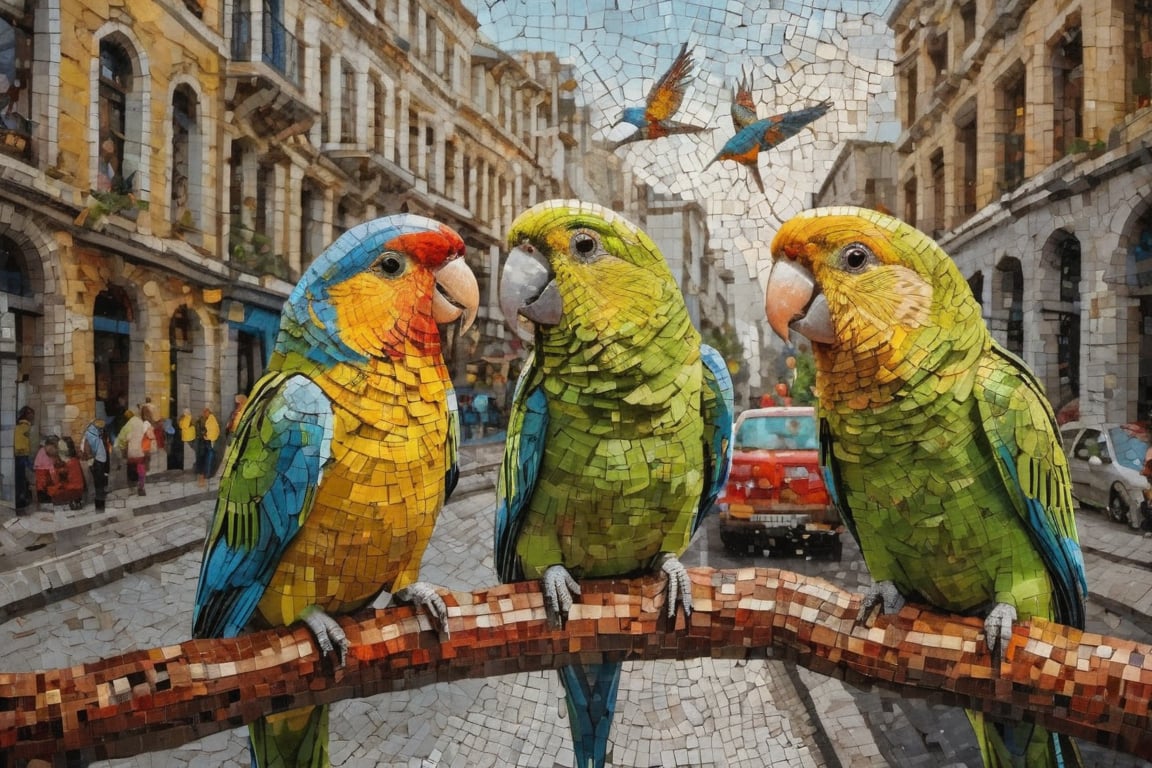 Photographic mosaic of lovebirds meeting parakeets on the street corner looking for their food, high resolution and contrast and color contrast, intricate textures and very fine details, detailmaster2, side lights, epic look, great artwork, more details XL 