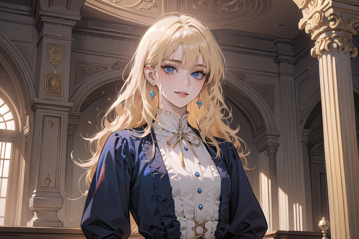 1girl, solo, ((Blonde hair)), (bangs), wavy hair, blue eyes, ((small chest:1.3)), seductive smile, Golden earing, wearing a (Victorian dress), by Raphael, masterpiece, upper body shot, magnificent indoor hall