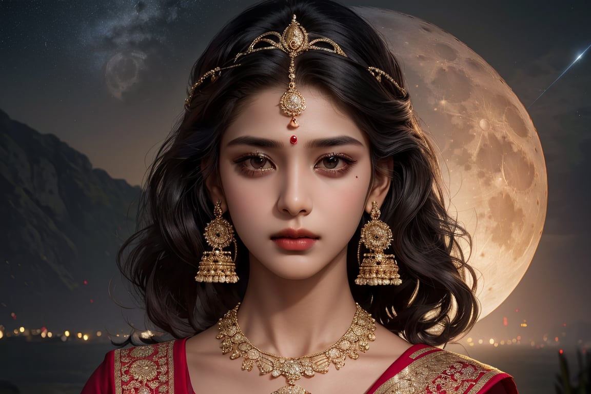 RWA photo, best quality, masterpiece, 8K resolution, ((solo:1.3)), ((1girl)), Indian beautiful teen girl, exquisite facial features, wearing luxurious saree, adorned with elaborate golden earrings and headpiece, ((black short hair)), ((wavy hair)), ((dark skin)), black eyes, serious expression, close up portrait, perfect figure, cinematic lighting, in starlit night with big moon