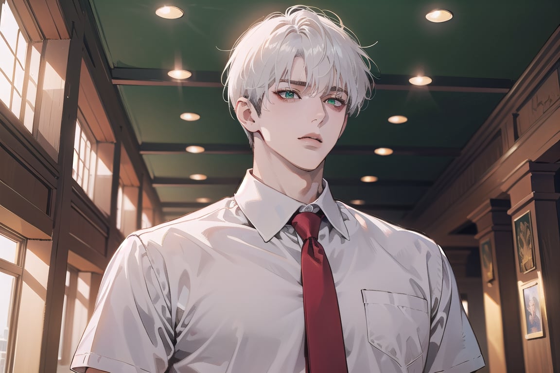 Ydor, 1boy, ((solo focus)), ((white short hair)), (Left side-parting bangs), green eyes, handsome, angular jaw, thick neck, ((School uniform:1.3)), Red tie, short sleeve, shirt, by Raphael, masterpiece, upper body shot, magnificent indoor hall