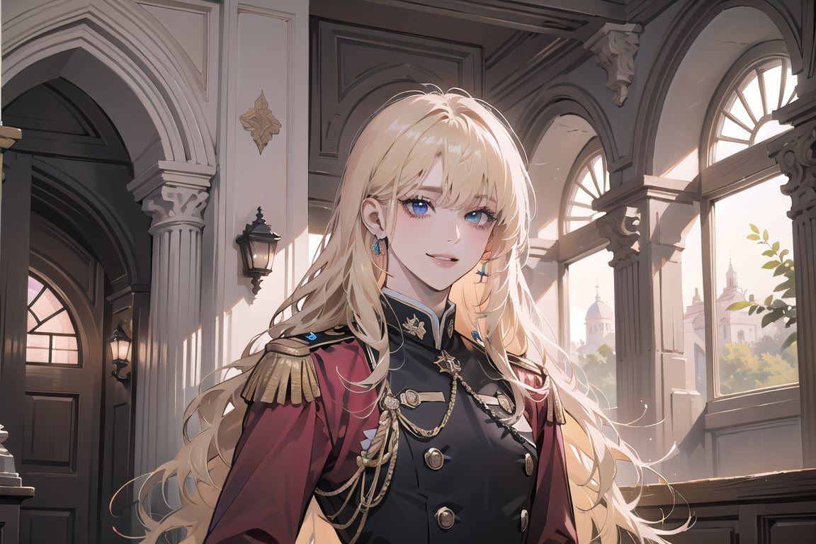 Oxyia, 1girl, solo, ((Blonde hair)), (bangs), wavy long hair, blue eyes, smile, ((small chest:1.3)), ((slim figure:1.2)), wearing a (pink military uniform), long sleeve, by Raphael, masterpiece, upper body shot, magnificent indoor hall