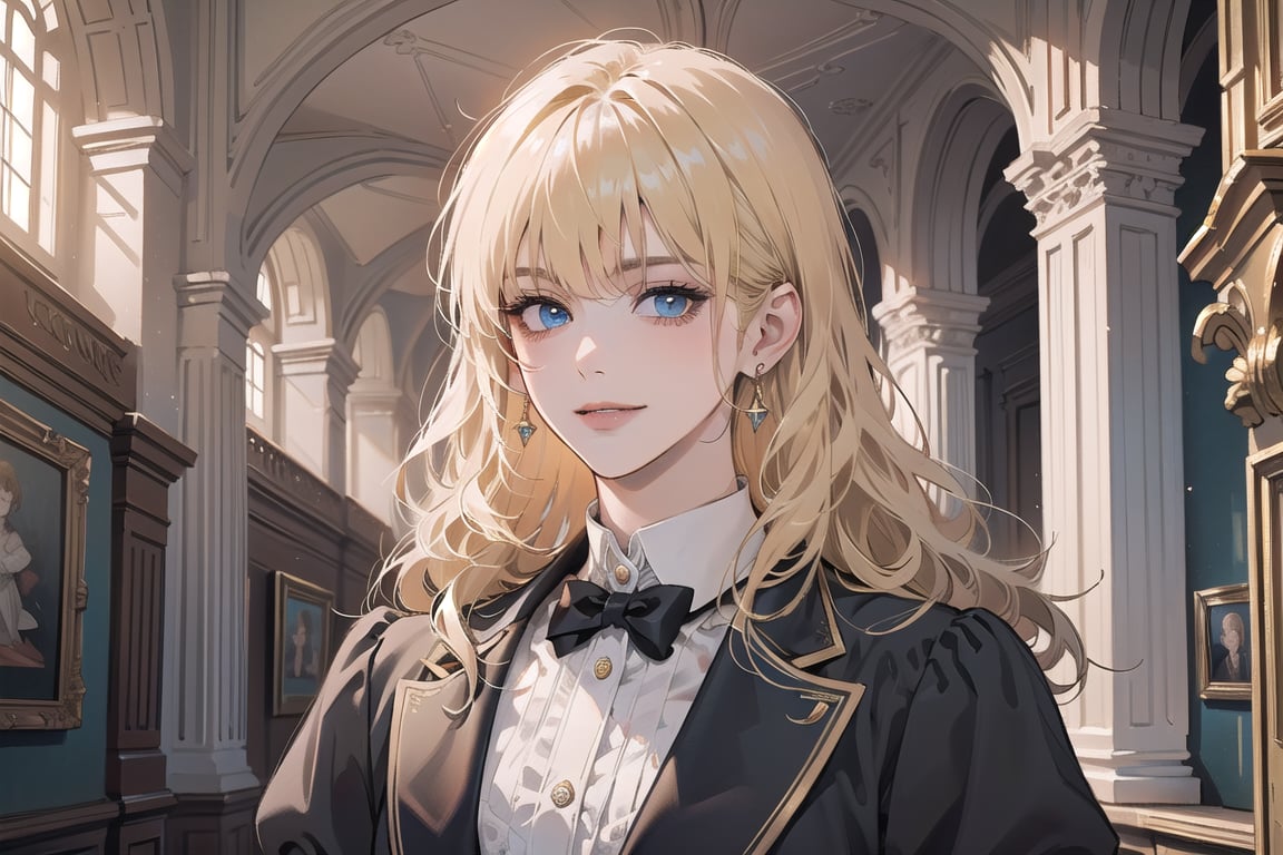 1girl, solo, ((Blonde hair)), (bangs), wavy hair, blue eyes, ((small chest:1.2)), seductive smile, Golden earing, wearing a (Victorian School Uniform), by Raphael, masterpiece, upper body shot, magnificent indoor hall