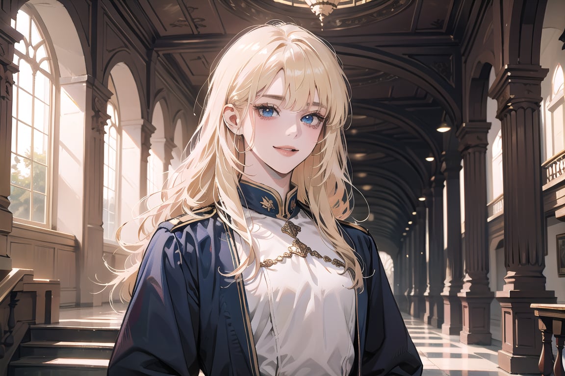 Oxyia, 1girl, solo, ((Blonde hair)), (bangs), wavy long hair, blue eyes, smile, ((small chest:1.3)), ((slim figure:1.2)), wearing a (pink military tunic), long sleeve, by Raphael, masterpiece, upper body shot, magnificent indoor hall