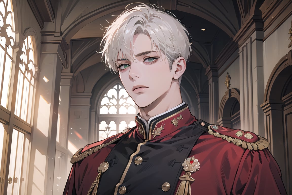 Ydor, 1boy, ((solo focus)), ((white short hair)), (Left side-parting bangs), green eyes, handsome, mature, angular jaw, thick neck, ((Red)) ((military uniform:1.3)), by Raphael, masterpiece, upper body shot, magnificent indoor hall