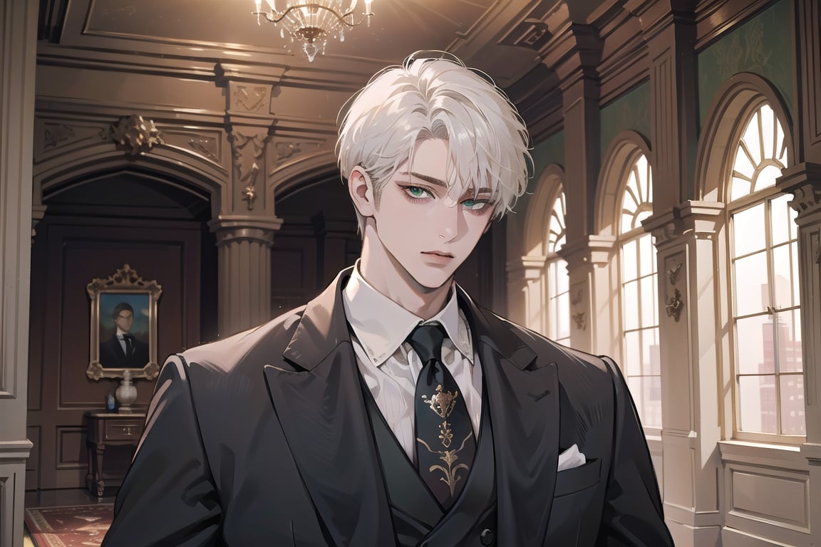 Ydor, 1boy, ((solo focus)), ((white short hair)), (Left side-parting bangs), green eyes, handsome, mature, angular jaw, thick neck, ((royal)) ((Three-piece Suit:1.3)), by Raphael, masterpiece, upper body shot, magnificent indoor hall