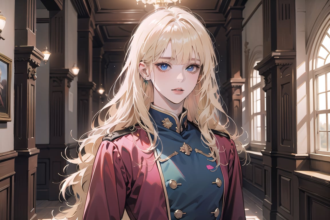 Oxyia, 1girl, solo, ((Blonde hair)), (bangs), wavy long hair, blue eyes, ((small chest:1.3)), ((slim figure:1.2)), wearing a (pink military uniform), long sleeve, by Raphael, masterpiece, upper body shot, magnificent indoor hall