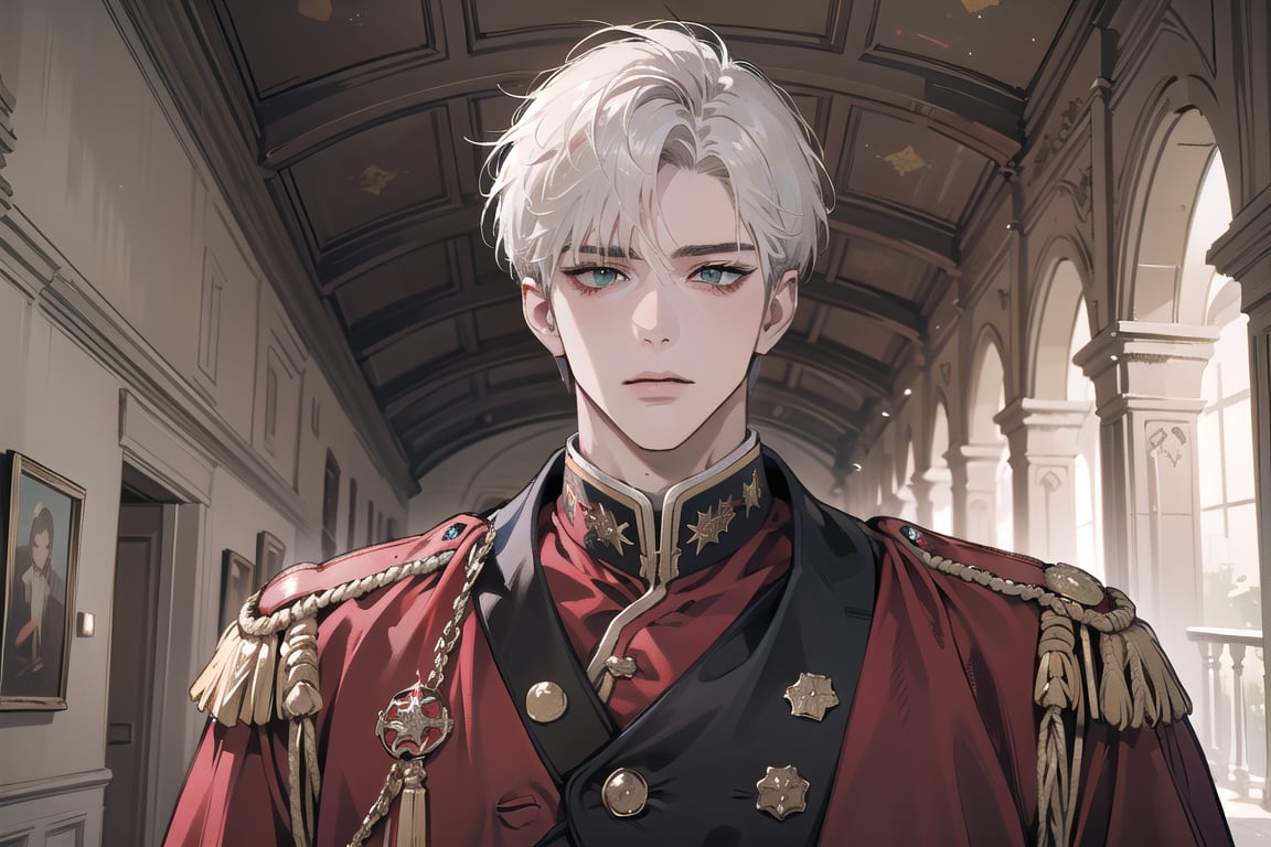 Ydor, 1boy, ((solo focus)), ((white short hair)), (Left side-parting bangs), green eyes, handsome, mature, angular jaw, thick neck, ((Red)) ((military uniform:1.3)), by Raphael, masterpiece, upper body shot, magnificent indoor hall