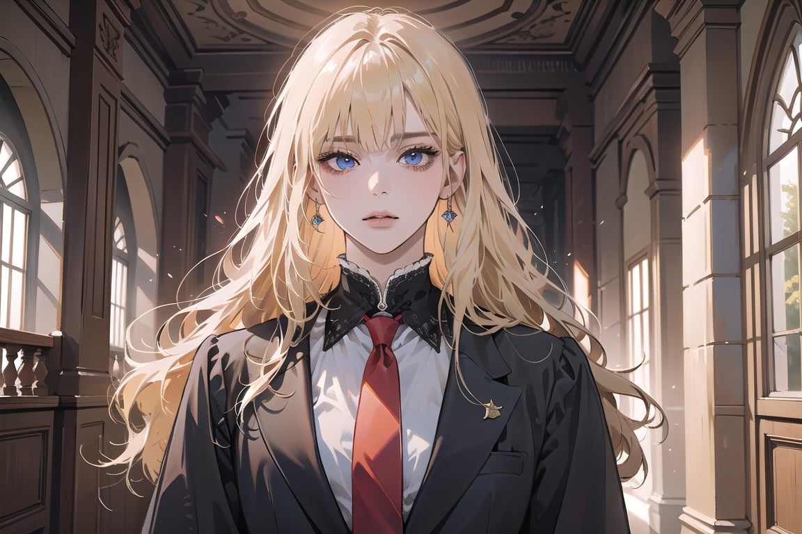 1girl, solo, ((Blonde hair)), (bangs), wavy long hair, blue eyes, ((small chest:1.2)), earing, wearing a ((Red tie)) (Victorian School Uniform), by Raphael, masterpiece, upper body shot, magnificent indoor hall