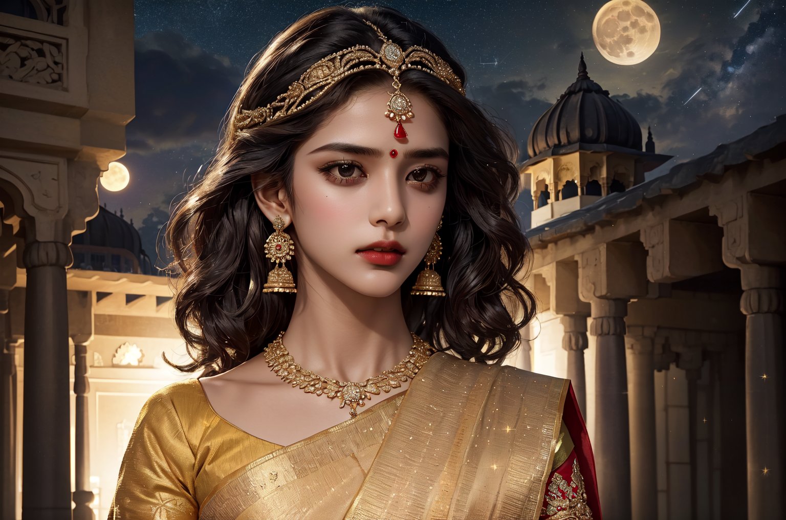 RWA photo, best quality, masterpiece, 8K resolution, ((solo:1.3)), ((1girl)), Indian beautiful teen girl, exquisite facial features, wearing luxurious saree, adorned with elaborate golden earrings and headpiece, ((black short hair)), ((wavy hair)), ((dark skin)), black eyes, serious expression, close up portrait, perfect figure, cinematic lighting, in starlit night with big moon