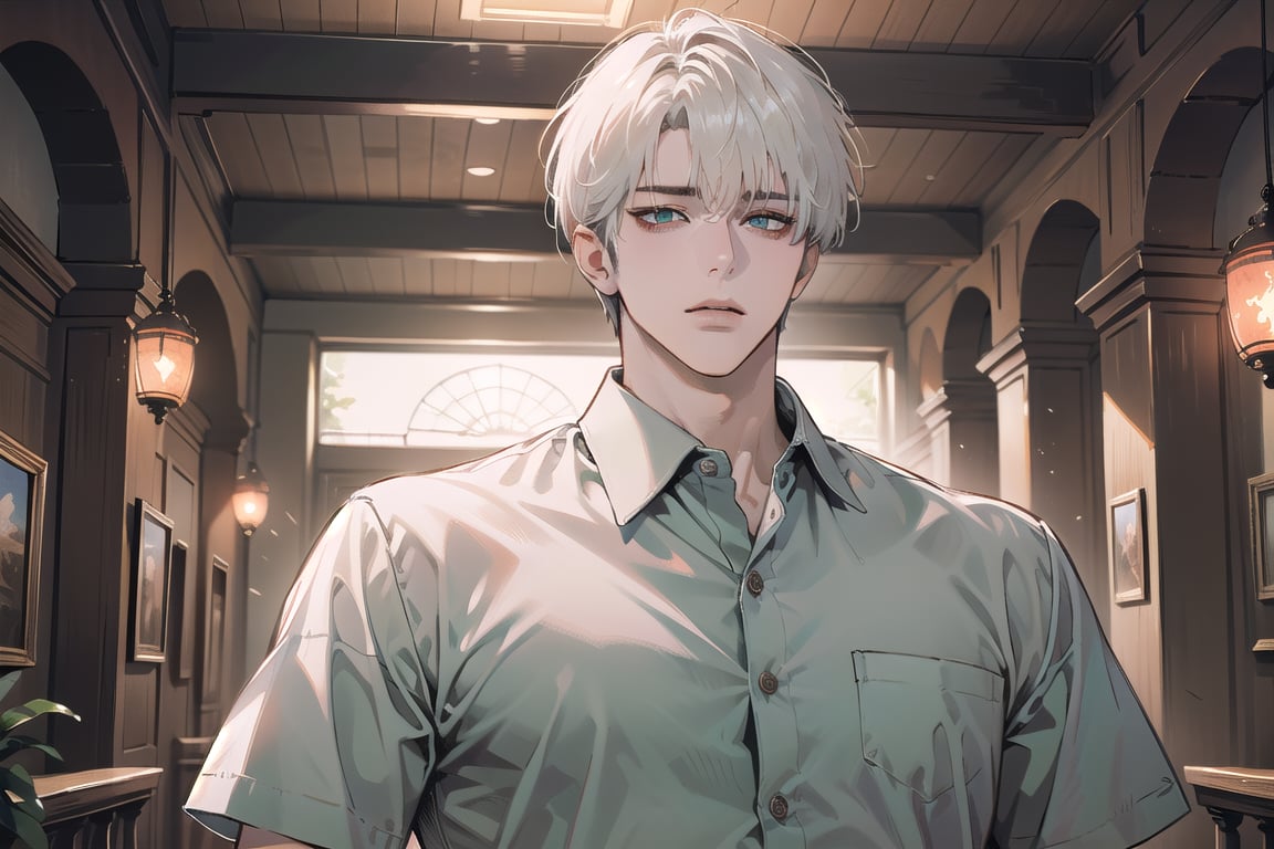 Ydor, 1boy, ((solo focus)), ((white short hair)), (Left side-parting bangs), green eyes, handsome, mature, angular jaw, thick neck, ((Coral)) ((shirt:1.3)), short sleeve, by Raphael, masterpiece, upper body shot, magnificent indoor hall