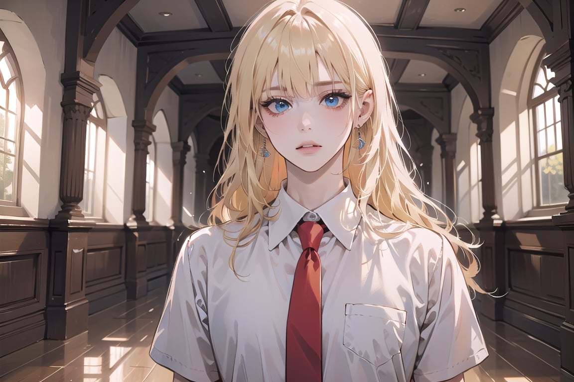 1girl, solo, ((Blonde hair)), (bangs), wavy long hair, blue eyes, ((small chest:1.2)), shy, earing, wearing a ((Red tie)) (School Uniform), short sleeve, by Raphael, masterpiece, upper body shot, magnificent indoor hall