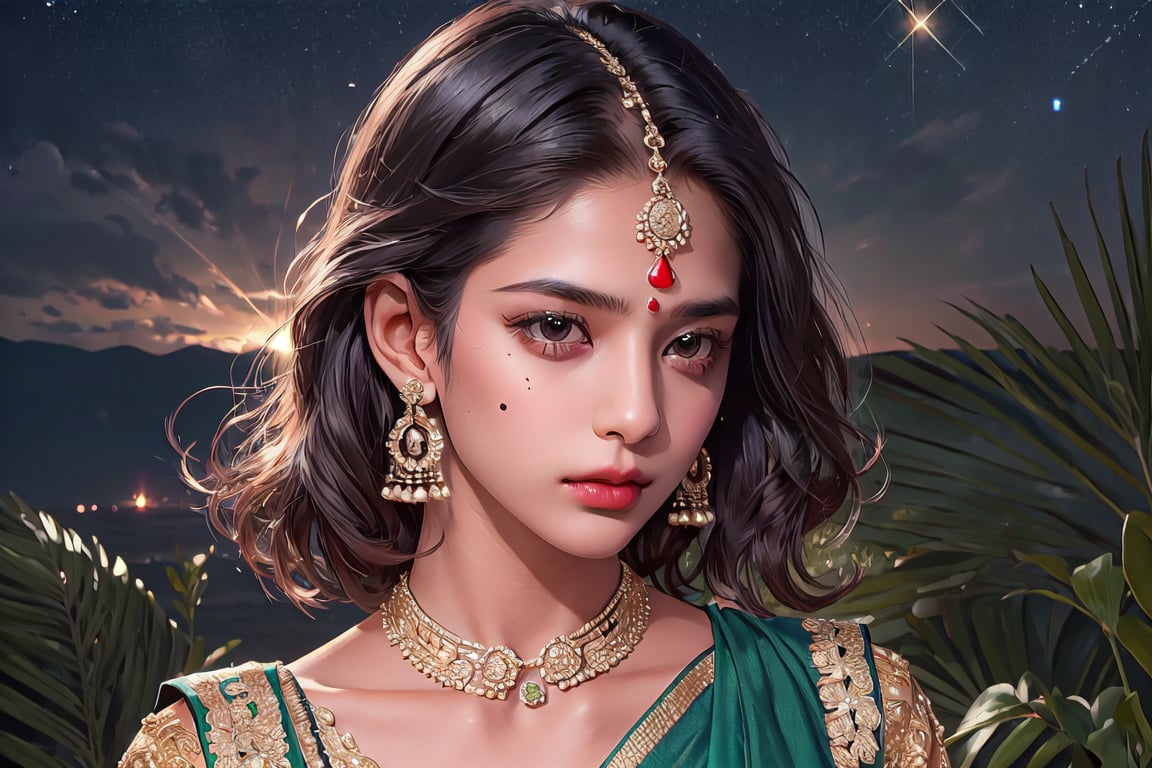 RWA photo, best quality, masterpiece, 8K resolution, ((solo:1.3)), ((1girl)), Indian beautiful teen girl, exquisite facial features, one mole under eye, wearing luxurious saree, adorned with elaborate golden earrings and headpiece, ((black short hair)), ((wavy hair)), ((dark skin)), black eyes, serious expression, close up portrait, perfect figure, cinematic lighting, in starlit night with big moon