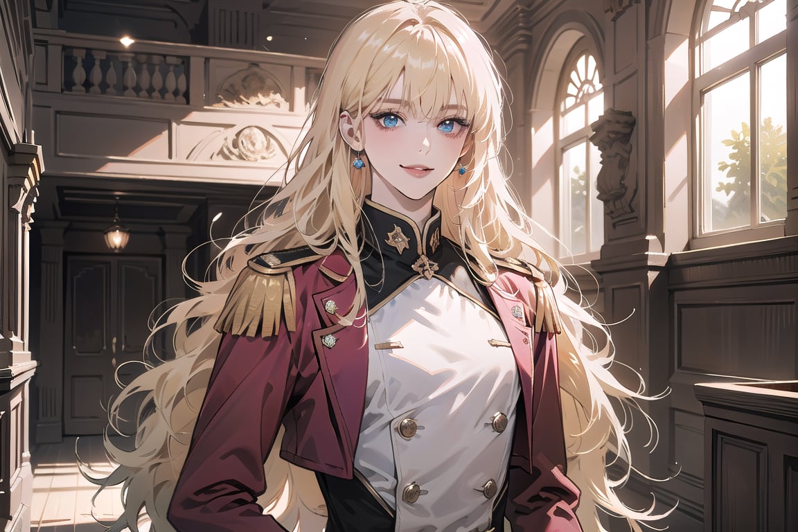 Oxyia, 1girl, solo, ((Blonde hair)), (bangs), wavy long hair, blue eyes, smile, ((small chest:1.3)), ((slim figure:1.2)), wearing a (pink military uniform), long sleeve, by Raphael, masterpiece, upper body shot, magnificent indoor hall