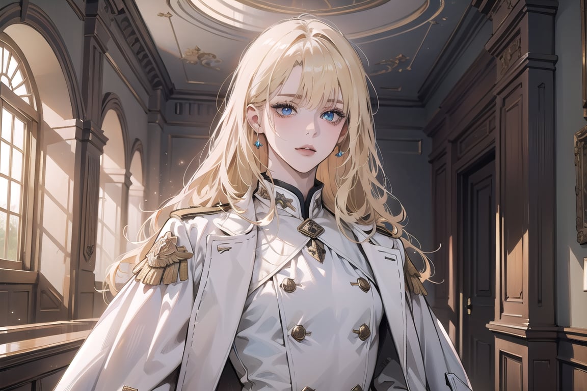 Oxyia, 1girl, solo, ((Blonde hair)), (bangs), wavy long hair, blue eyes, ((small chest:1.3)), ((slim figure:1.2)), wearing a (white military coat), long sleeve, by Raphael, masterpiece, upper body shot, magnificent indoor hall