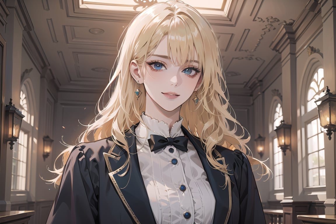 1 woman, solo, ((Blonde hair)), (bangs), wavy hair, blue eyes, ((small chest:1)), seductive smile, Golden earing, wearing a (Victorian School Uniform), by Raphael, masterpiece, upper body shot, magnificent indoor hall