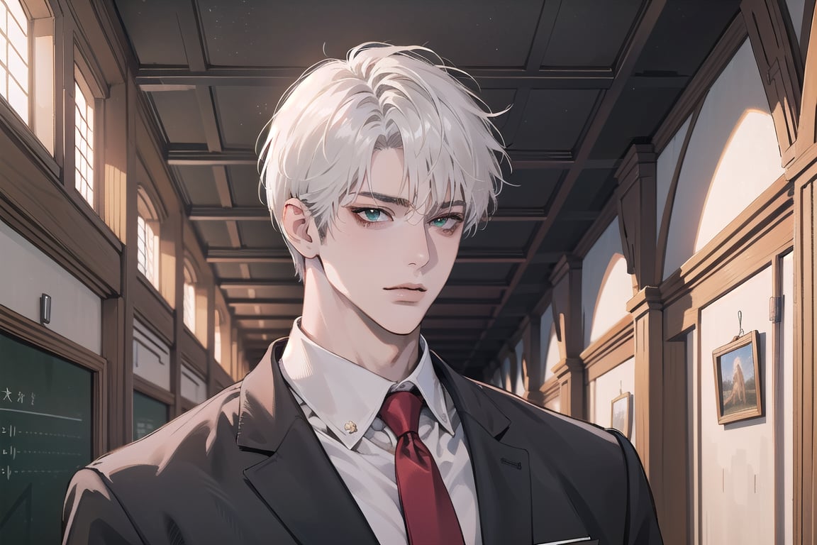 Ydor, 1boy, ((solo focus)), ((white short hair)), (Left side-parting bangs), green eyes, handsome, angular jaw, thick neck, ((School uniform:1.3)), Red tie, short sleeve, shirt, by Raphael, masterpiece, upper body shot, magnificent indoor hall