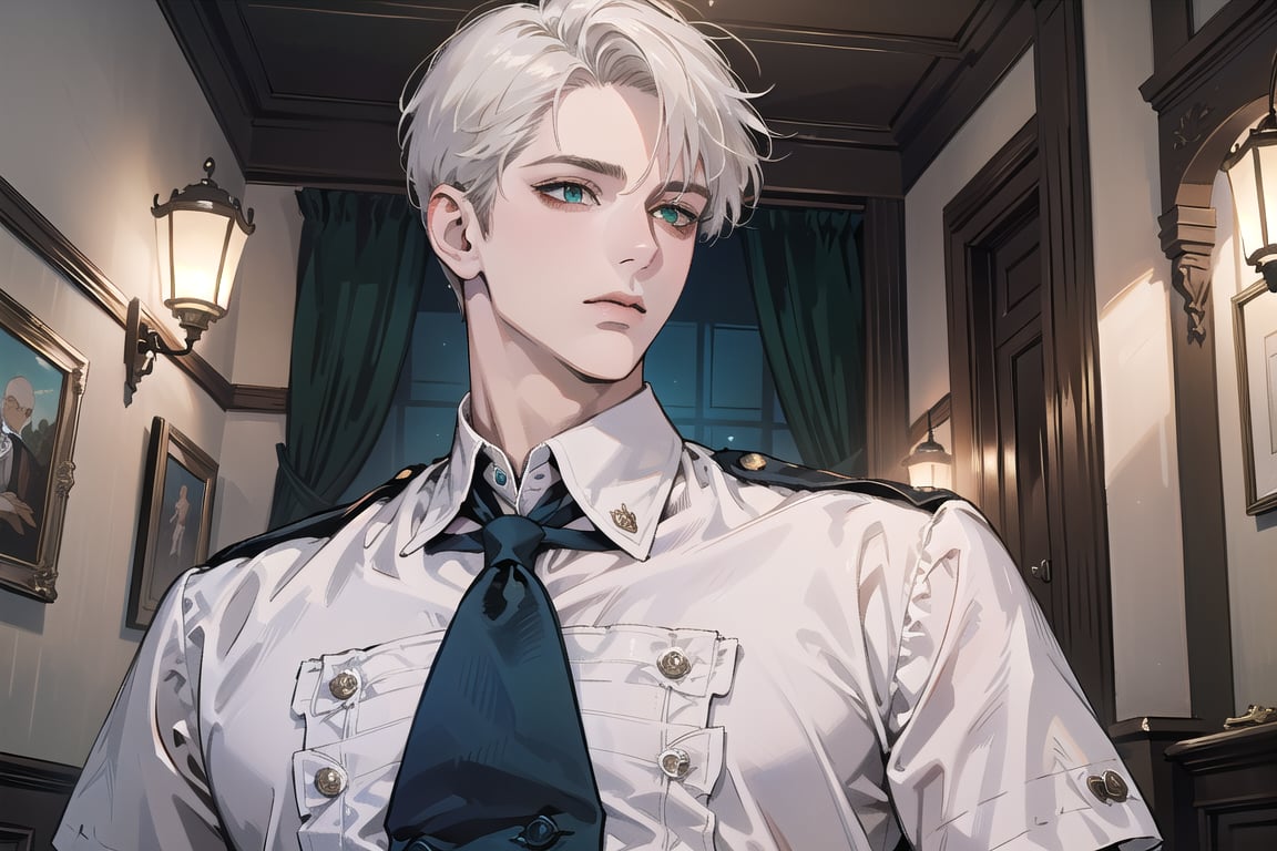 Ydor, 1boy, ((solo focus)), ((white short hair)), (Left side-parting bangs), green eyes, handsome, mature, angular jaw, thick neck, ((CadetBlue)) ((Victorian shirt:1.3)), short sleeve, by Raphael, masterpiece, upper body shot, magnificent indoor hall