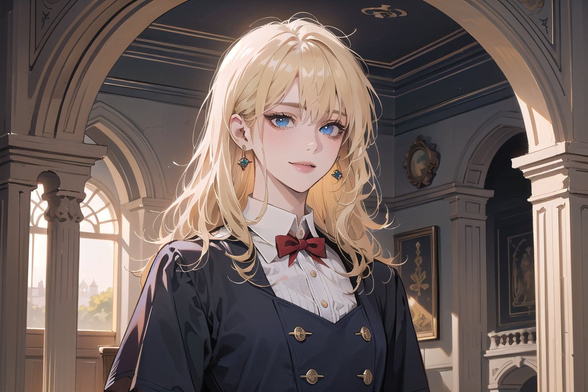 1girl, solo, ((Blonde hair)), (bangs), wavy hair, blue eyes, ((small chest:1.3)), seductive smile, Golden earing, wearing a (Red Victorian School Uniform), by Raphael, masterpiece, upper body shot, magnificent indoor hall