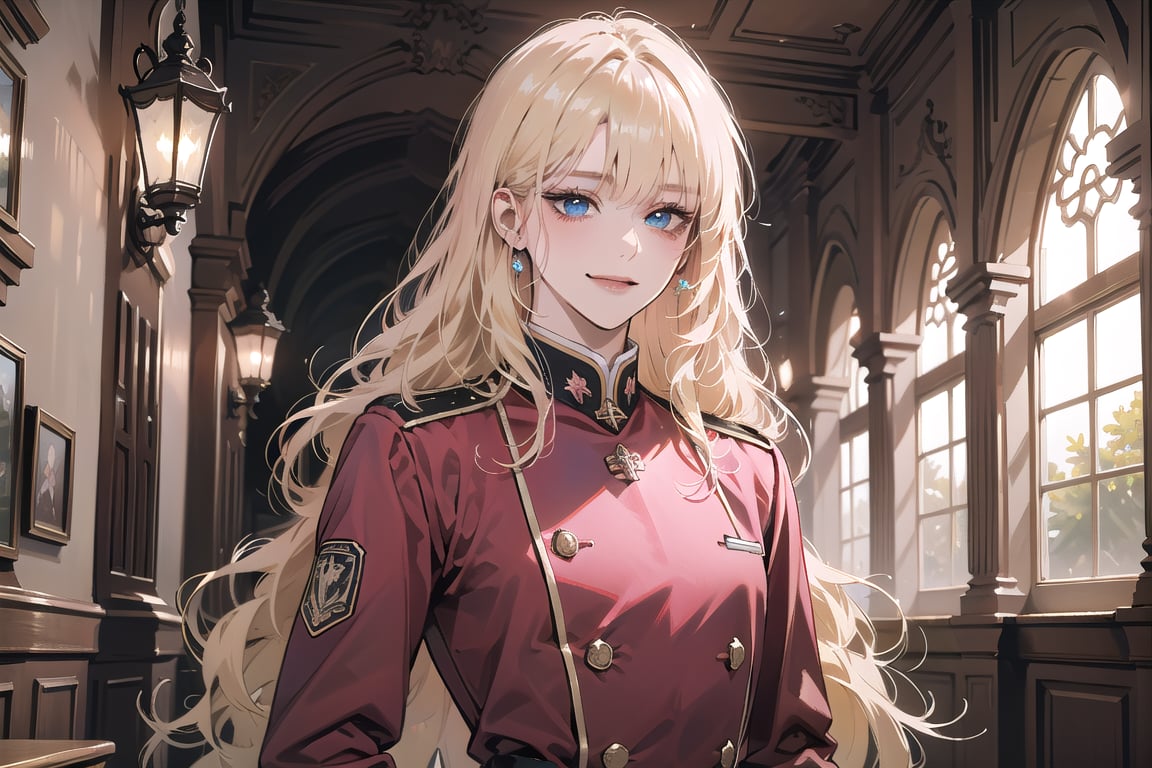 Oxyia, 1girl, solo, ((Blonde hair)), (bangs), wavy long hair, blue eyes, smile, ((small chest:1.3)), ((slim figure:1.2)), wearing a (pink military uniform), long sleeve, by Raphael, masterpiece, upper body shot, magnificent indoor hall