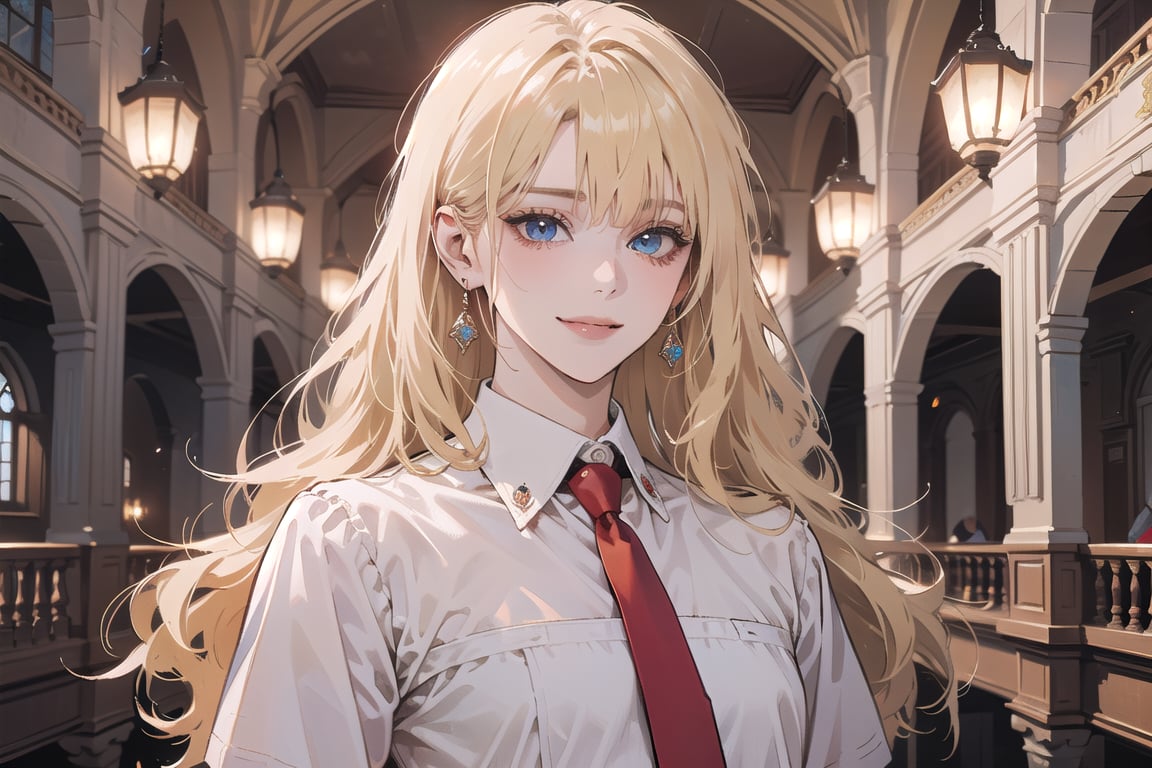 1girl, solo, ((Blonde hair)), (bangs), wavy long hair, blue eyes, ((small chest:1.3)), smile, earing, wearing a ((Red tie)) (Victorian School Uniform), by Raphael, masterpiece, upper body shot, magnificent indoor hall