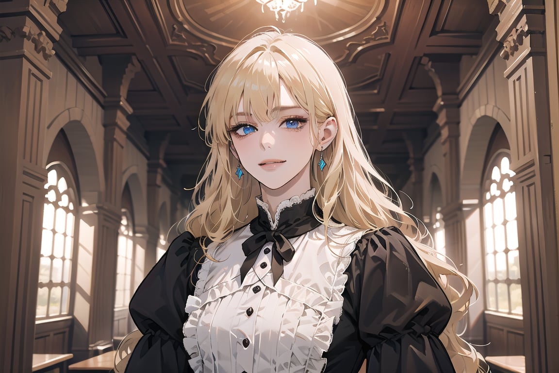 1girl, solo, ((Blonde hair)), (bangs), wavy long hair, blue eyes, ((small chest:1.2)), smirk, earing, wearing a (Victorian Tunic), long sleeve, by Raphael, masterpiece, upper body shot, magnificent indoor hall