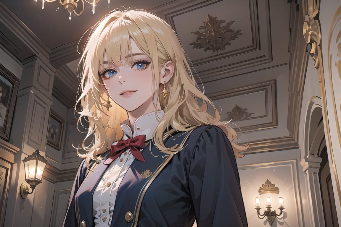 1girl, solo, ((Blonde hair)), (bangs), wavy hair, blue eyes, ((small breasts:1.2)), seductive smile, Golden earing, wearing a (Red Victorian School Uniform), by Raphael, masterpiece, upper body shot, magnificent indoor hall